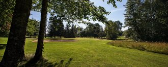 Baumbestand vor dem Grün mit Bunkern der Golfbahn 14 auf der Golfanlage Allgäuer Golf- und Landclub e.V. Ottobeuren