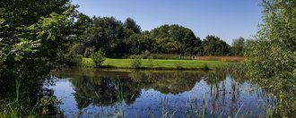 Natürliche Teich-Anlage am Abschlag der Golfbahn 12 auf der Golfanlage Allgäuer Golf- und Landclub e.V. Ottobeuren