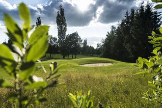 Ein Bunker und ein Loch auf der Golfanlage des Allgäuer Golf- und Landclub e.V. umgeben von Bäumen und unspielbarem Gelände – im Vordergrund sind unscharf die Äste eines Busches zu sehen (Credit: Stefan von Stengel)