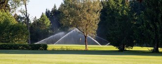 Rasensprenger und Baumbestand vor dem Grün der Golfbahn 11 auf der Golfanlage Allgäuer Golf- und Landclub e.V. Ottobeuren